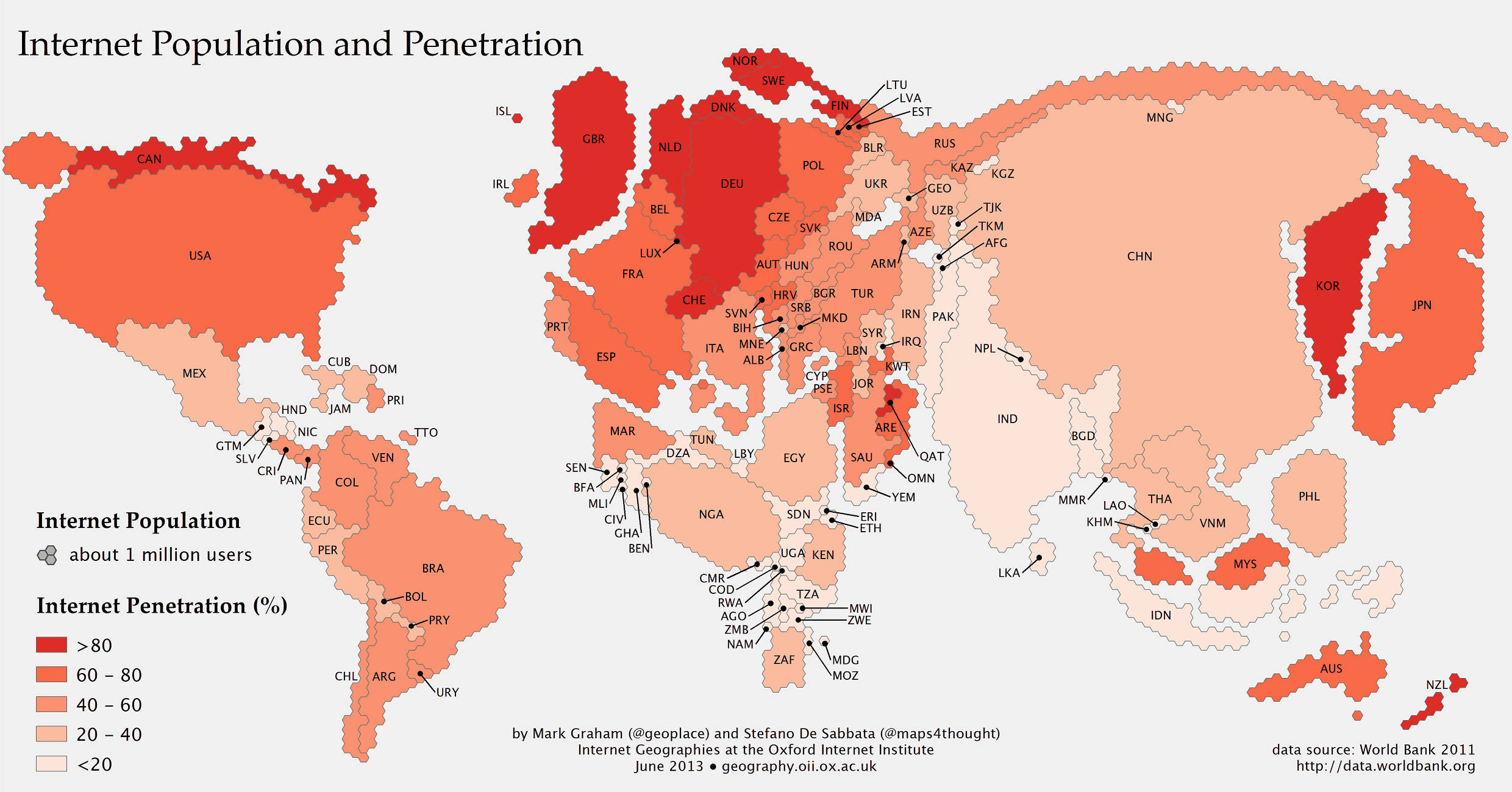 オンライン人口の多さで世界各国を表し 世界地図を描くとこうなる Buzzap バザップ