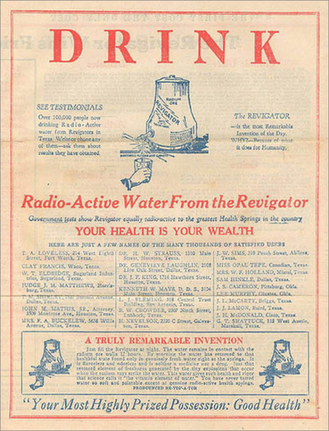 100年前に健康飲料として大々的に売られていた「ラジウム水」の広告、もちろん体内被曝で死に至ります