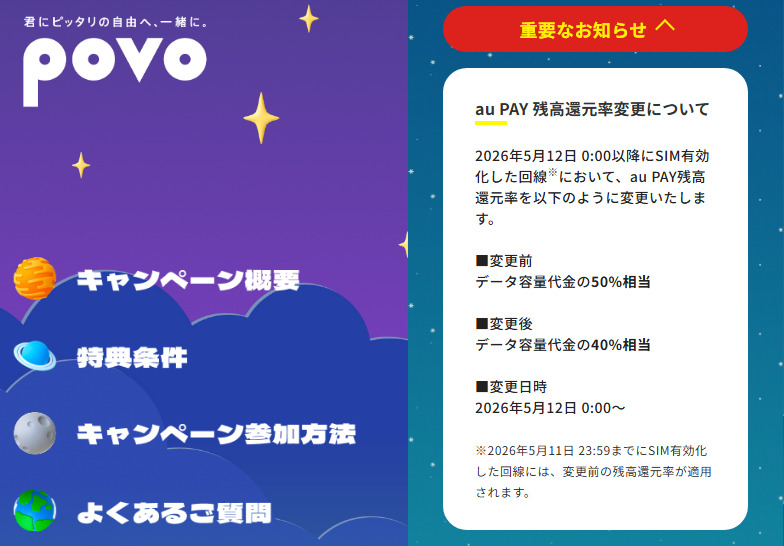 povo2.0「本気割」還元率を削減へ、月額1100円で30GB使える超格安